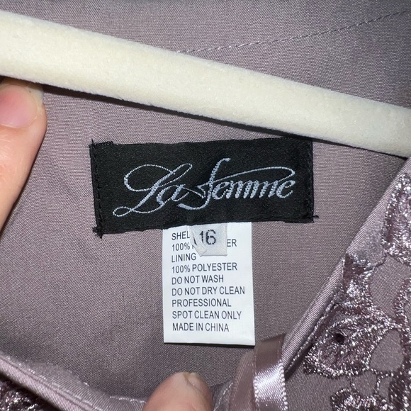 La Femme Light Mauve Floral Appliqué Jersey Column gown dress full length 16 NEW - Picture 7 of 15